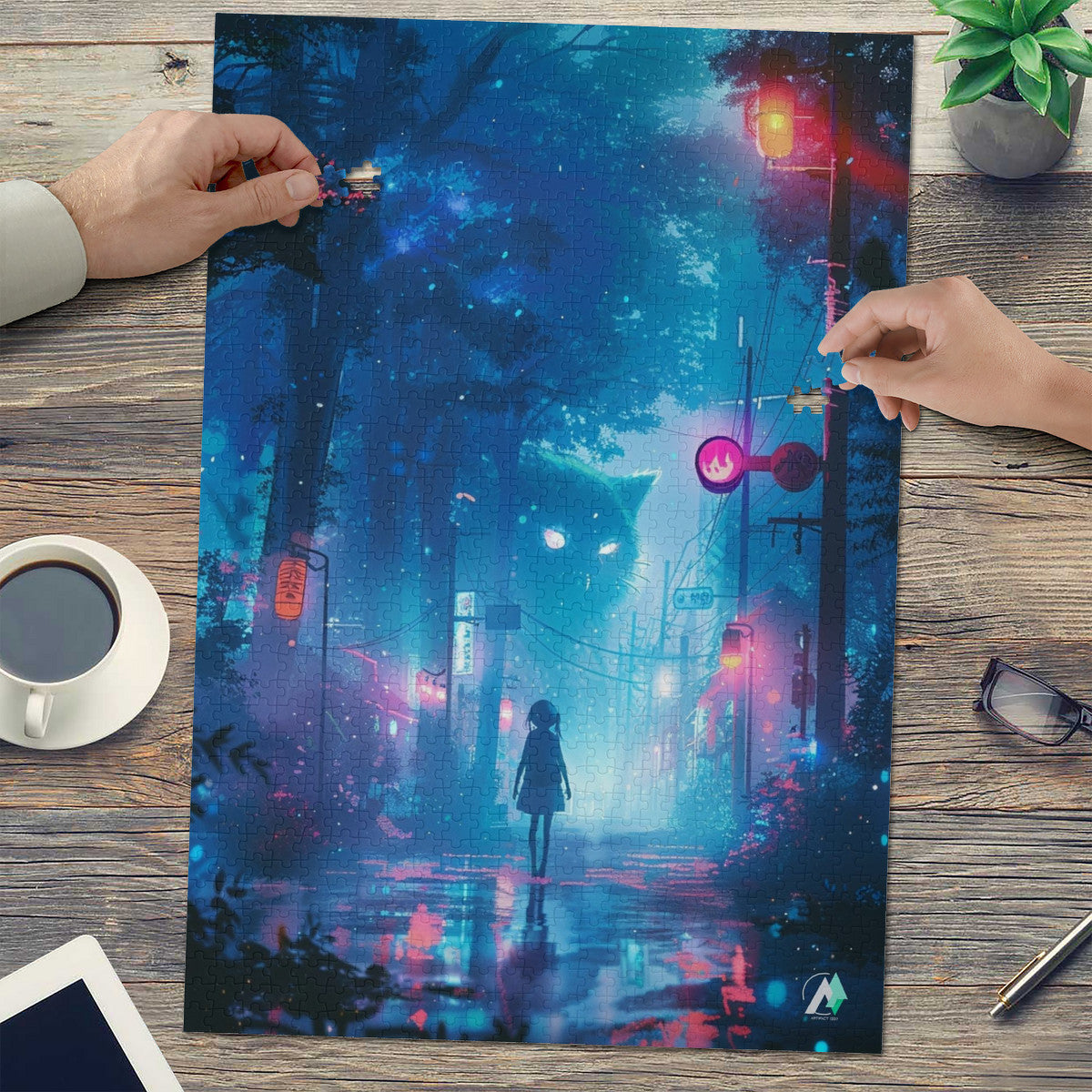 The Yokai Mystiques III Puzzle features a girl with a giant cat spirit walking on a street, available in 500 and 1000 pieces.