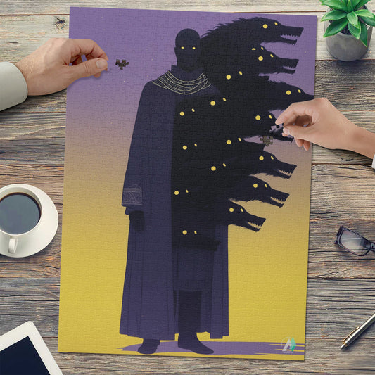 Hounds Unleashed VII Puzzle featuring a man with a large black wolf head, available in 500 and 1000 pieces, premium finish.