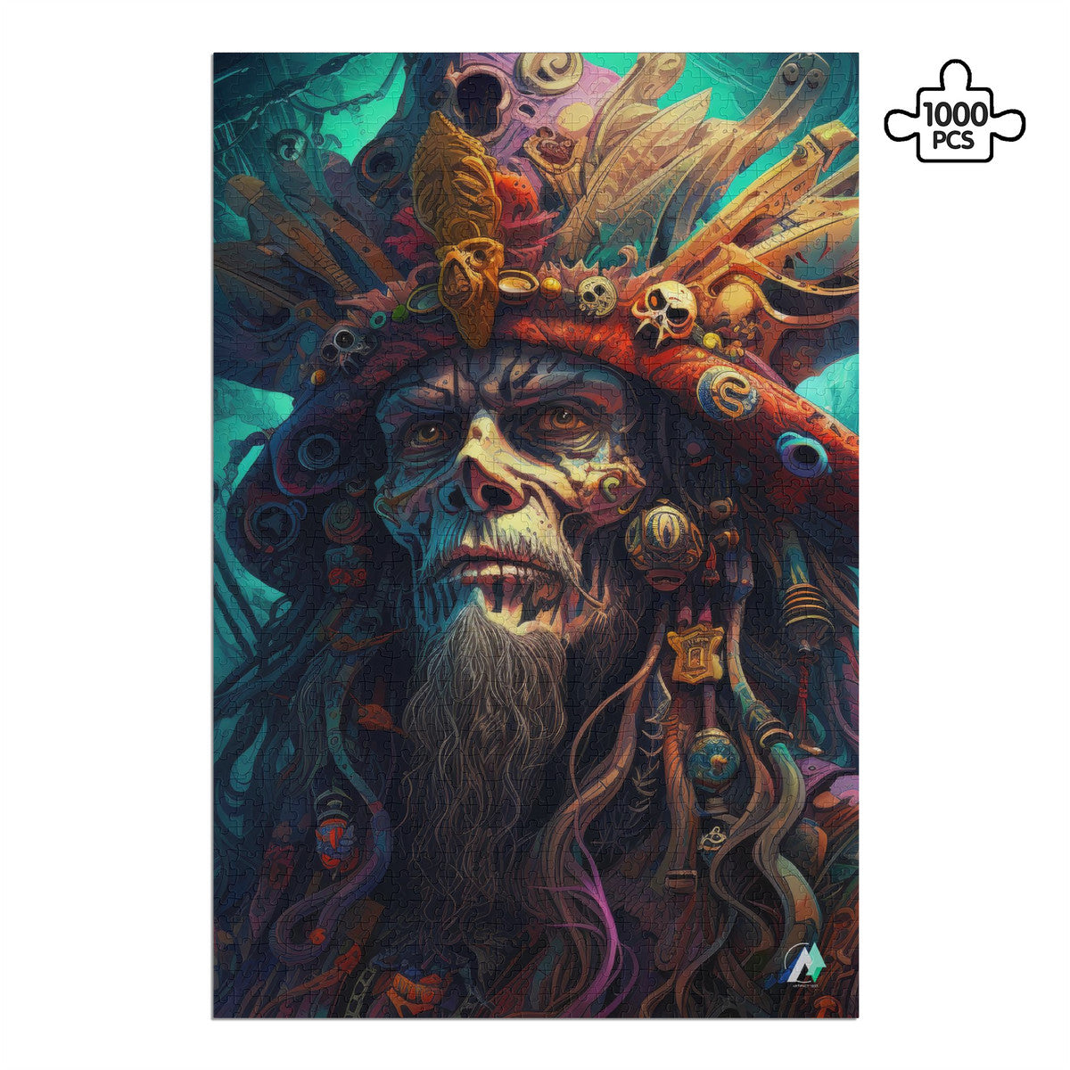 Pirate Lord III Puzzle: A 500 or 1000-piece jigsaw featuring a bearded man with a pirate hat, crafted from premium ivory cardboard.