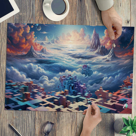 Jigsaw World Puzzle featuring a landscape with mountains and clouds, available in 500 or 1000 pieces, crafted from premium ivory cardboard.