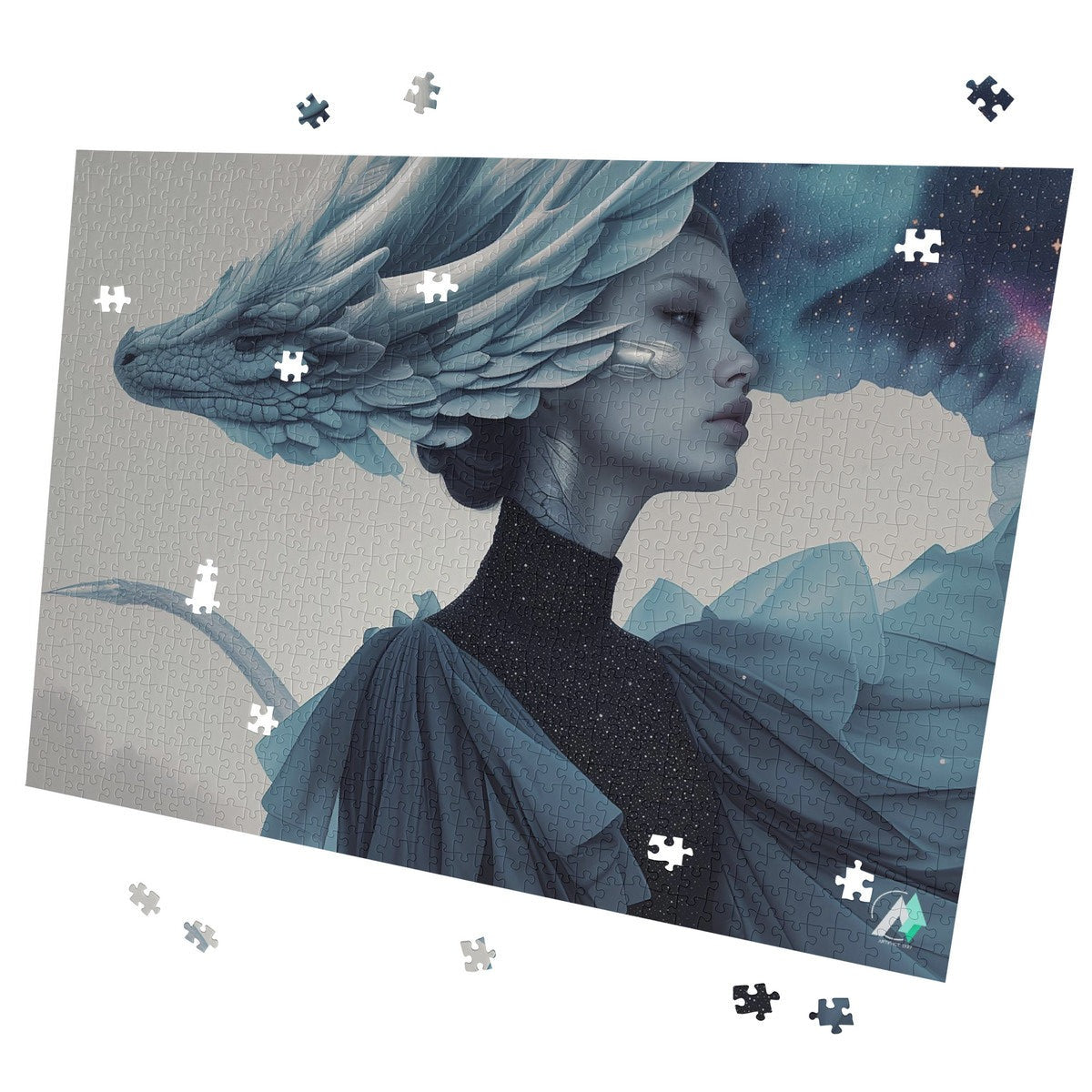 Wyvern Wyre III Puzzle features a woman with a dragon next to her head and wings, made of premium ivory cardboard, available in 500 and 1000 pieces.