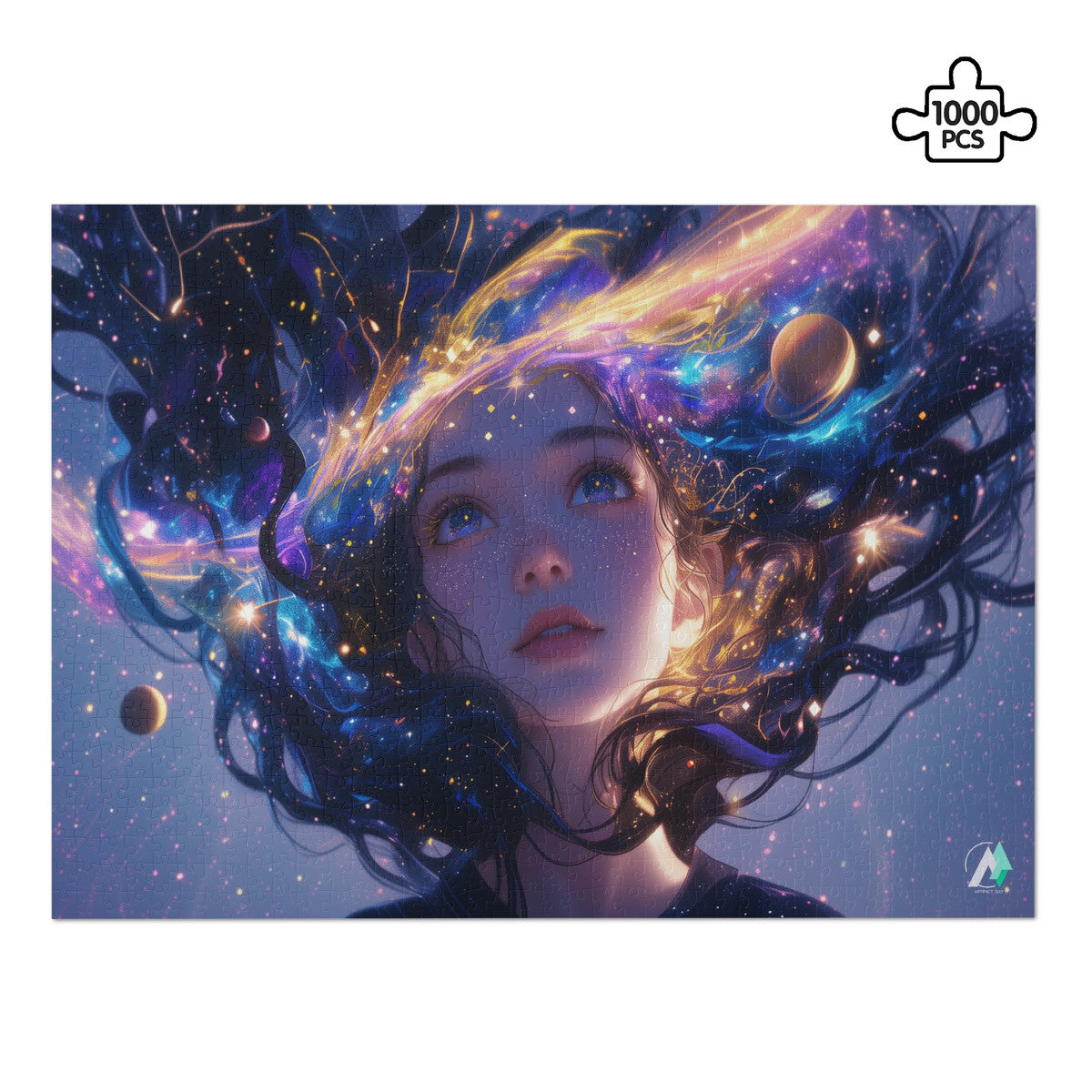 Cosmic Serenity III Puzzle features a colorful-haired girl in a fantastical scene, available in 500 or 1000 pieces, crafted on premium ivory cardboard.