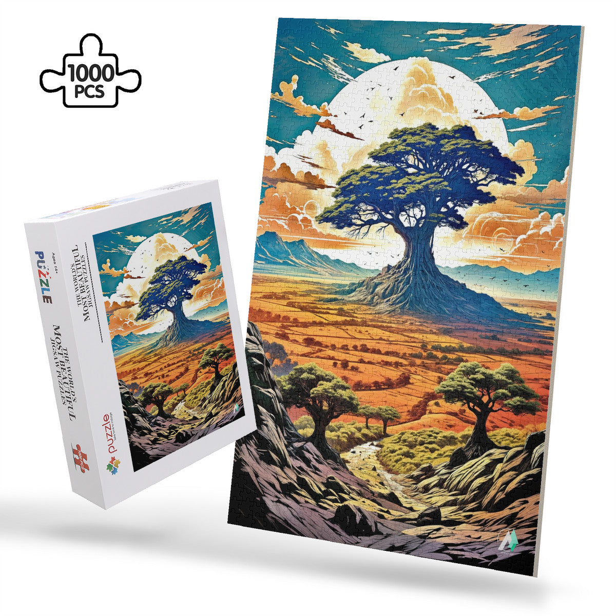 Ancient Sentinel Puzzle featuring a tree landscape, available in 500 and 1000 pieces, crafted from premium ivory cardboard with satin finish.