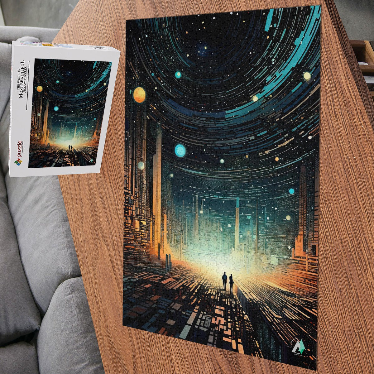 Future Urbanscape II Puzzle featuring two people on a futuristoc city street, available in 500 or 1000 pieces, crafted from premium ivory cardboard.