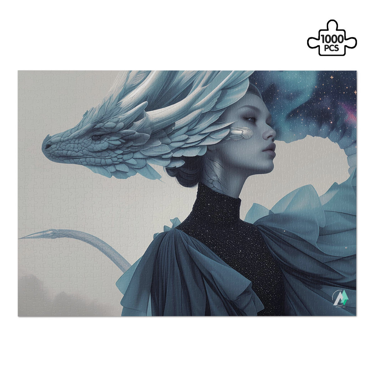 Wyvern Wyre III Puzzle features a woman with a dragon next to her head and wings, made of premium ivory cardboard, available in 500 and 1000 pieces.