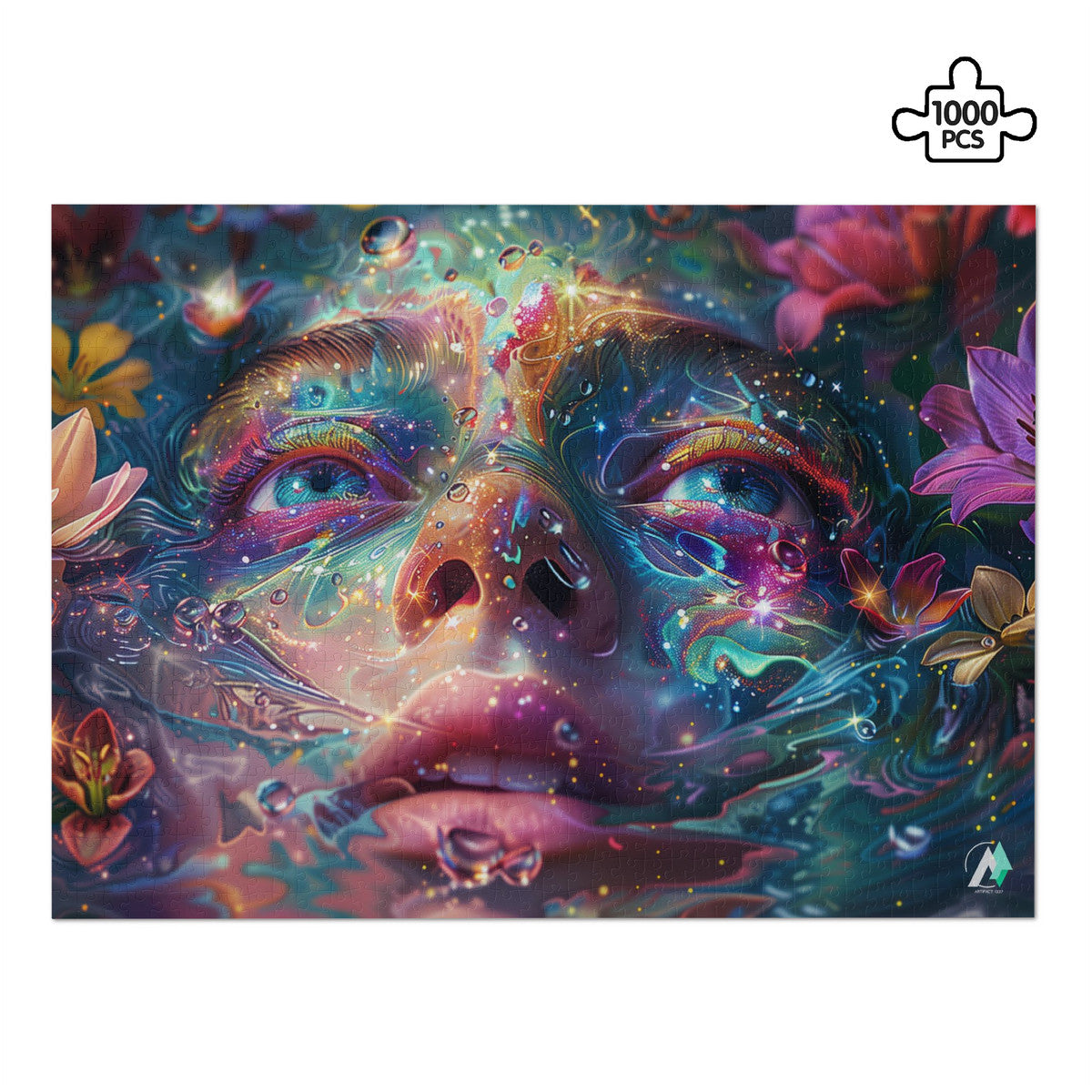 Emergence II Puzzle featuring a woman's face intertwined with flowers, available in 500 or 1000 pieces, crafted from premium ivory cardboard with a satin finish.