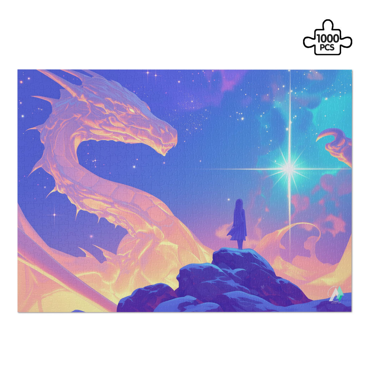 Supernal Gift Puzzle: A 500 or 1000-piece jigsaw featuring a girl on a rock with a dragon and star, crafted on premium ivory cardboard.