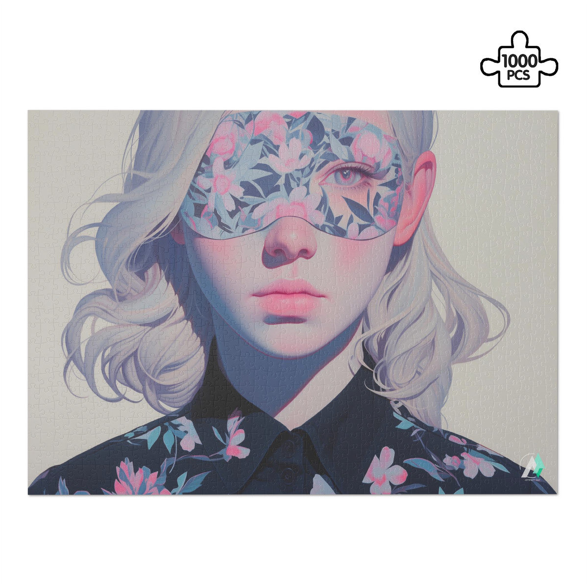 Surreal Feminine V Puzzle featuring a woman in a mask, crafted from premium ivory cardboard, available in 500 and 1000 pieces.