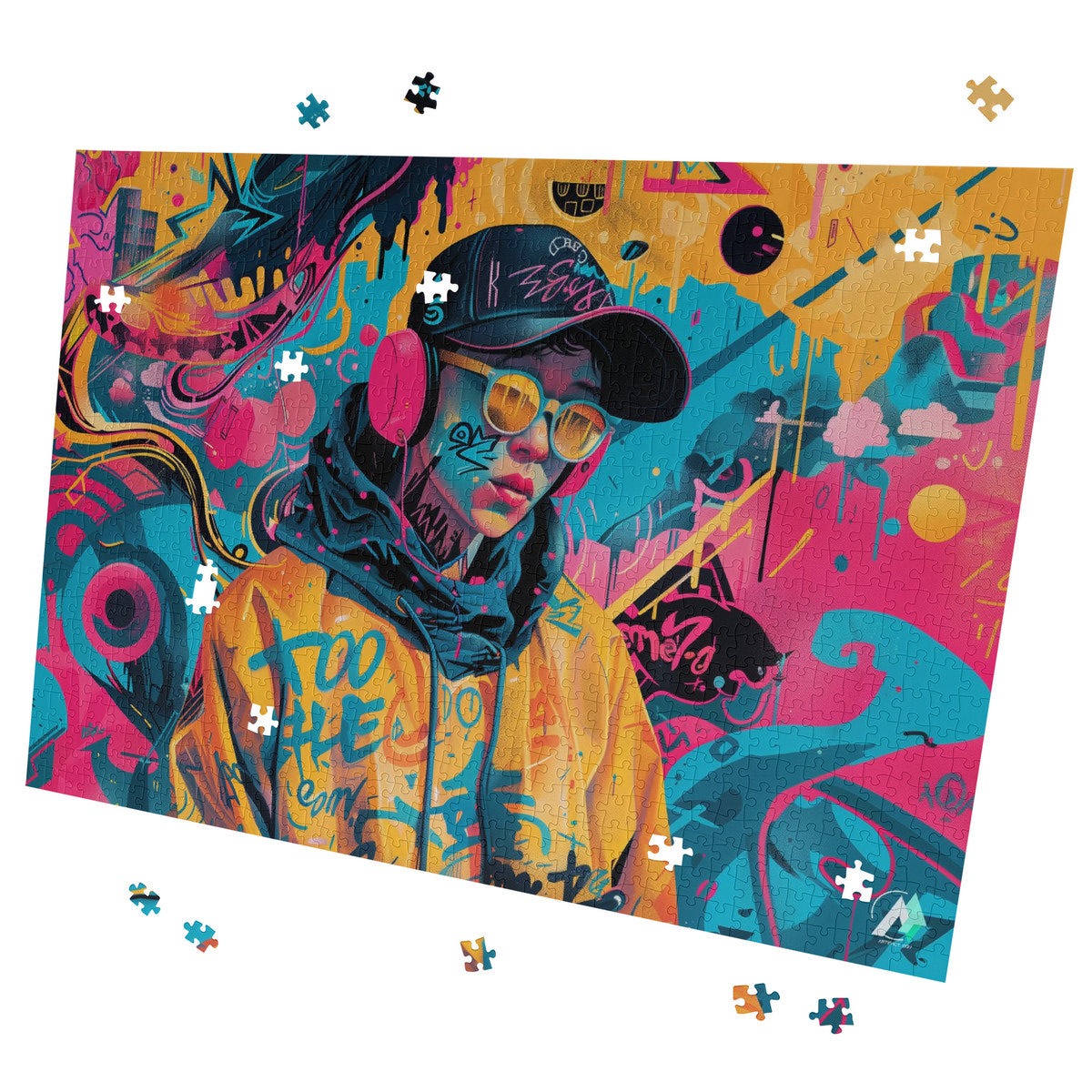 Streetwear Abstraction I Puzzle, depicting a boy in a hat and sunglasses, crafted from premium ivory cardboard. Available in 500 and 1000 pieces.