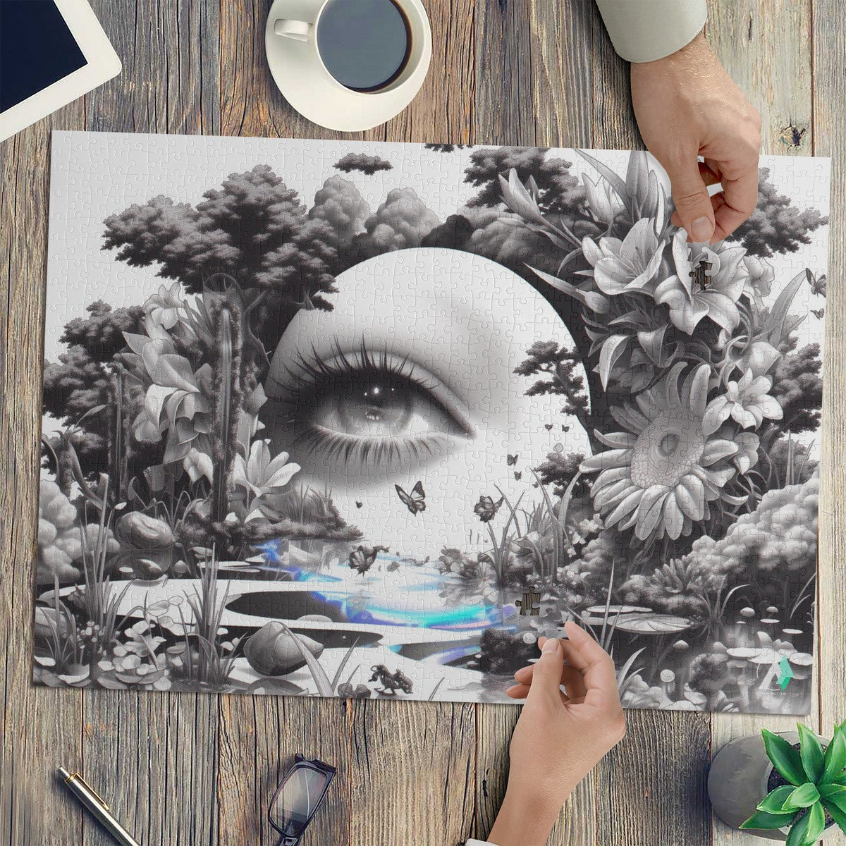 Peering Into I Puzzle: A visually intricate jigsaw featuring surreal art of eyes and butterflies, available in 500 or 1000 pieces, crafted from premium ivory cardboard.