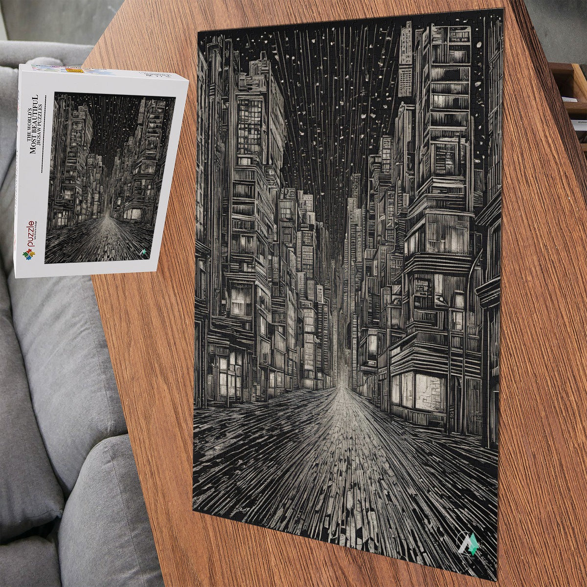 Urban Nightscape I Puzzle featuring intricate cityscape drawing, available in 500 or 1000 pieces, crafted from premium ivory cardboard with satin finish.