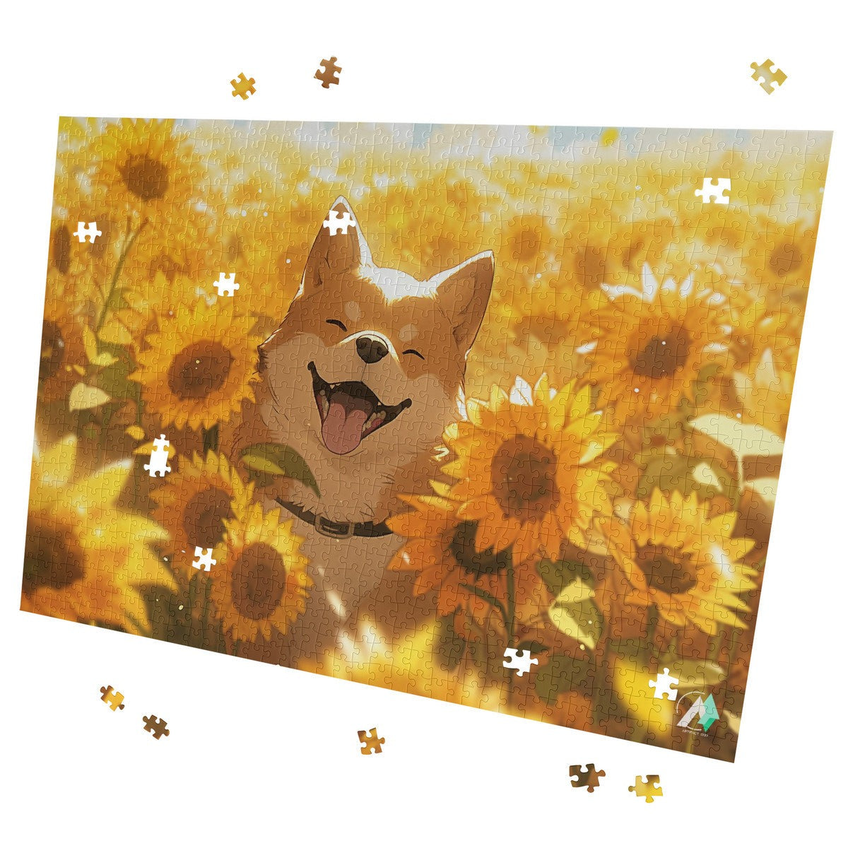 Chibi Shiba III Puzzle: A dog in a sunflower field puzzle, available in 500 or 1000 pieces, featuring artwork by @shinjoku13.