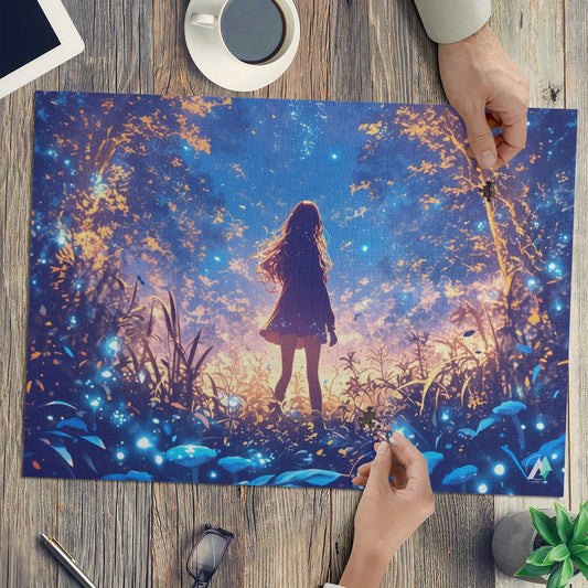 Forest of Magic V Puzzle featuring a girl in a forest, available in 500 and 1000 pieces, crafted from premium ivory cardboard with a satin finish.