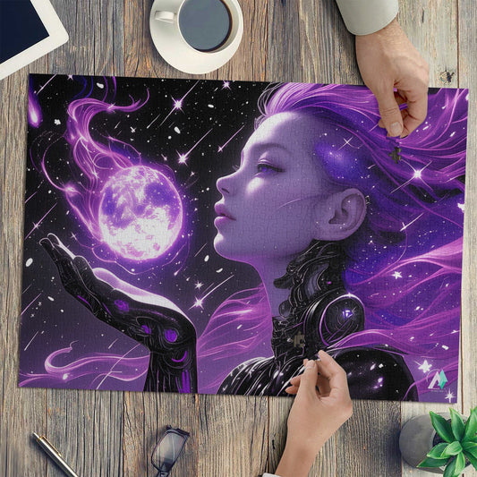 Android Celeste Puzzle: A woman with purple hair holding a glowing moon, crafted on premium ivory cardboard. Available in 500 or 1000 pieces.