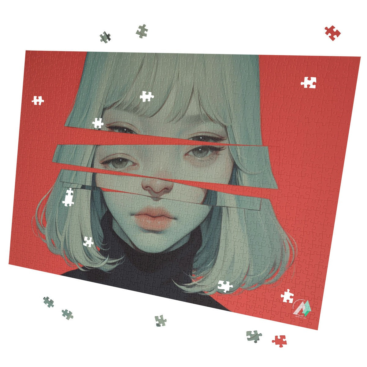 Surreal Feminine III Puzzle featuring a girl's illustrated face by artist @shinjoku13, available in 500 or 1000 pieces, made of premium ivory cardboard.
