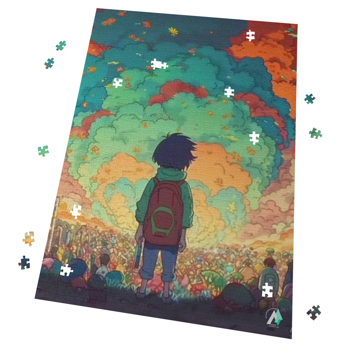 Fete Forever Puzzle: A child gazes at a diverse crowd, depicted in a vibrant jigsaw puzzle, available in 500 or 1000 pieces.