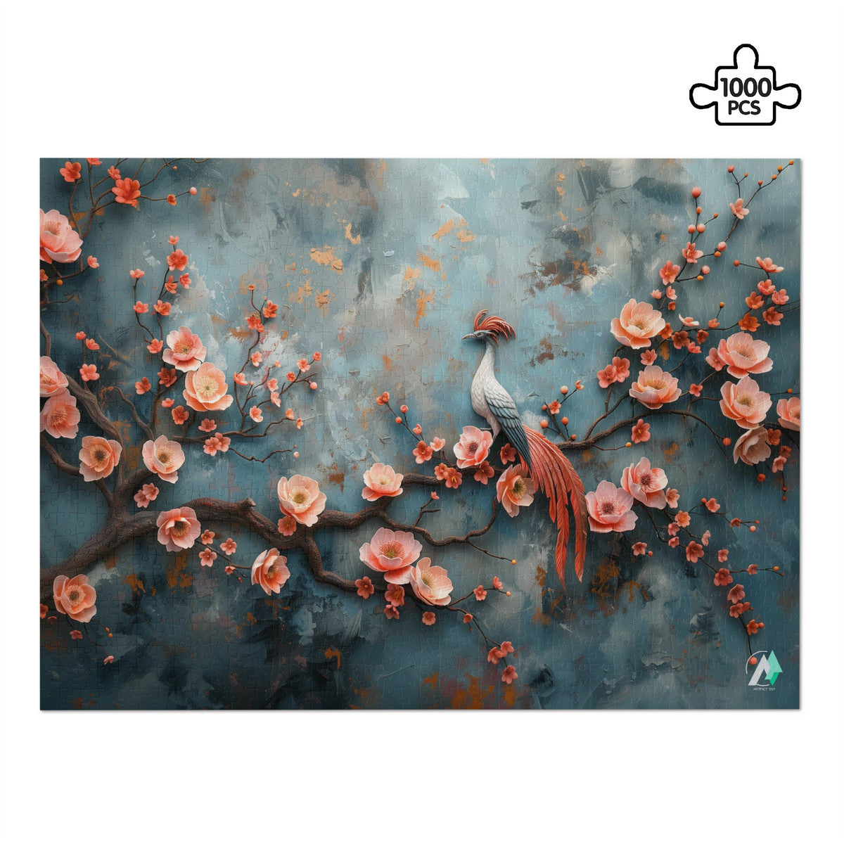 Blossom's Balladeer I Puzzle features a bird perched on a branch surrounded by flowers, available in 500 or 1000 pieces.