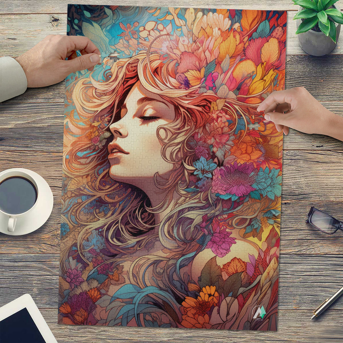 Beauty in Bloom I Puzzle features a woman's portrait with flowers in her hair, available in 500 and 1000 pieces, crafted from premium ivory cardboard.