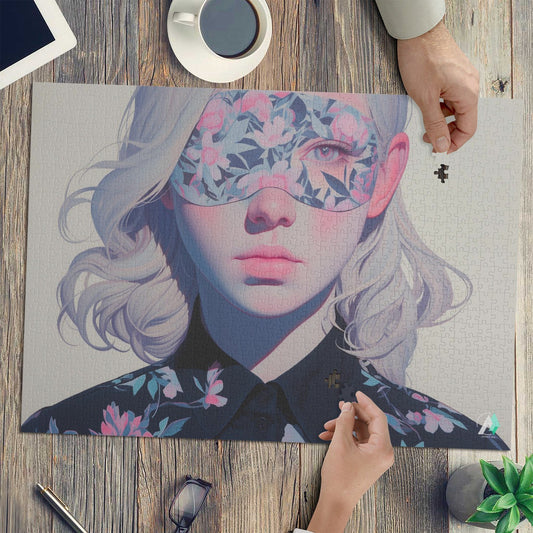 Surreal Feminine V Puzzle featuring a woman in a mask, crafted from premium ivory cardboard, available in 500 and 1000 pieces.