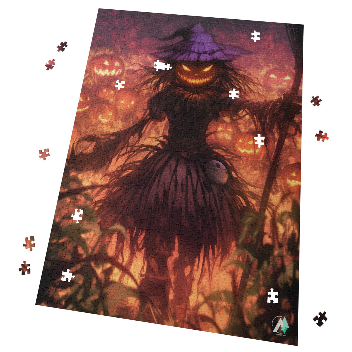 Harrowing Scarecrow Puzzle featuring a scarecrow with a purple hat, jack-o-lantern, and mask, set in a whimsical, artistic design.