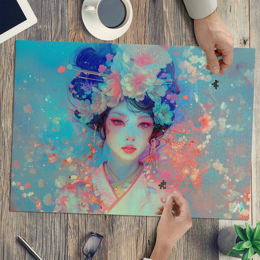 Boho Geisha I Puzzle featuring an Asian woman's portrait with flowers in her hair, available in 500 and 1000 pieces, by artist @shinjoku13.