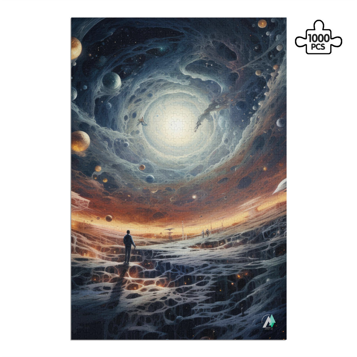 Celestial Portal II Puzzle: A person walks on an alien landscape on a moon with planets in a space scene. Available in 500 or 1000 pieces, featuring premium cardboard.