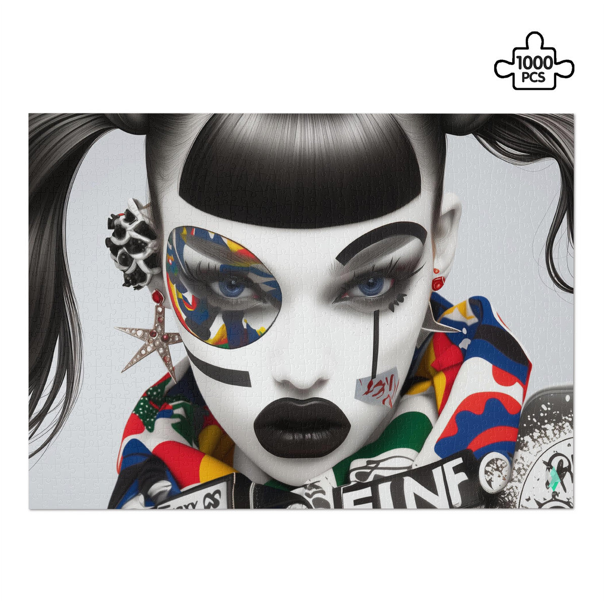 Fashion Quinn Puzzle features a striking black and white face art design by @shinjoku13, available in 500 or 1000 pieces for a creative challenge.