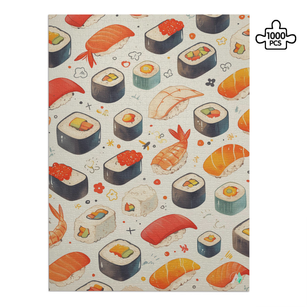 Sushi III Puzzle features intricate sushi-themed designs on premium ivory cardboard, available in 500 and 1000 pieces by artist @shinjoku13.