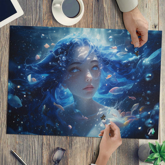 Lady Mermalade puzzle featuring a woman with blue hair underwater, crafted from premium ivory cardboard, offering 500 and 1000-piece options.