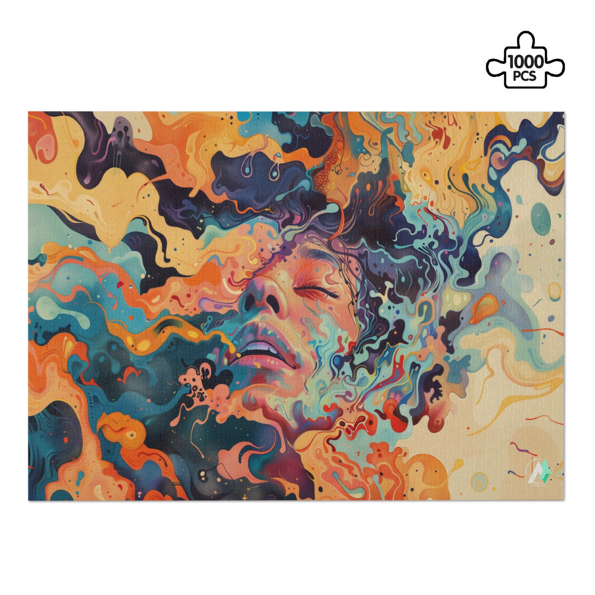 Liquid Trance II Puzzle features a vibrant, modern artwork of a woman's face, available in 500 or 1000 pieces, crafted from premium ivory cardboard.