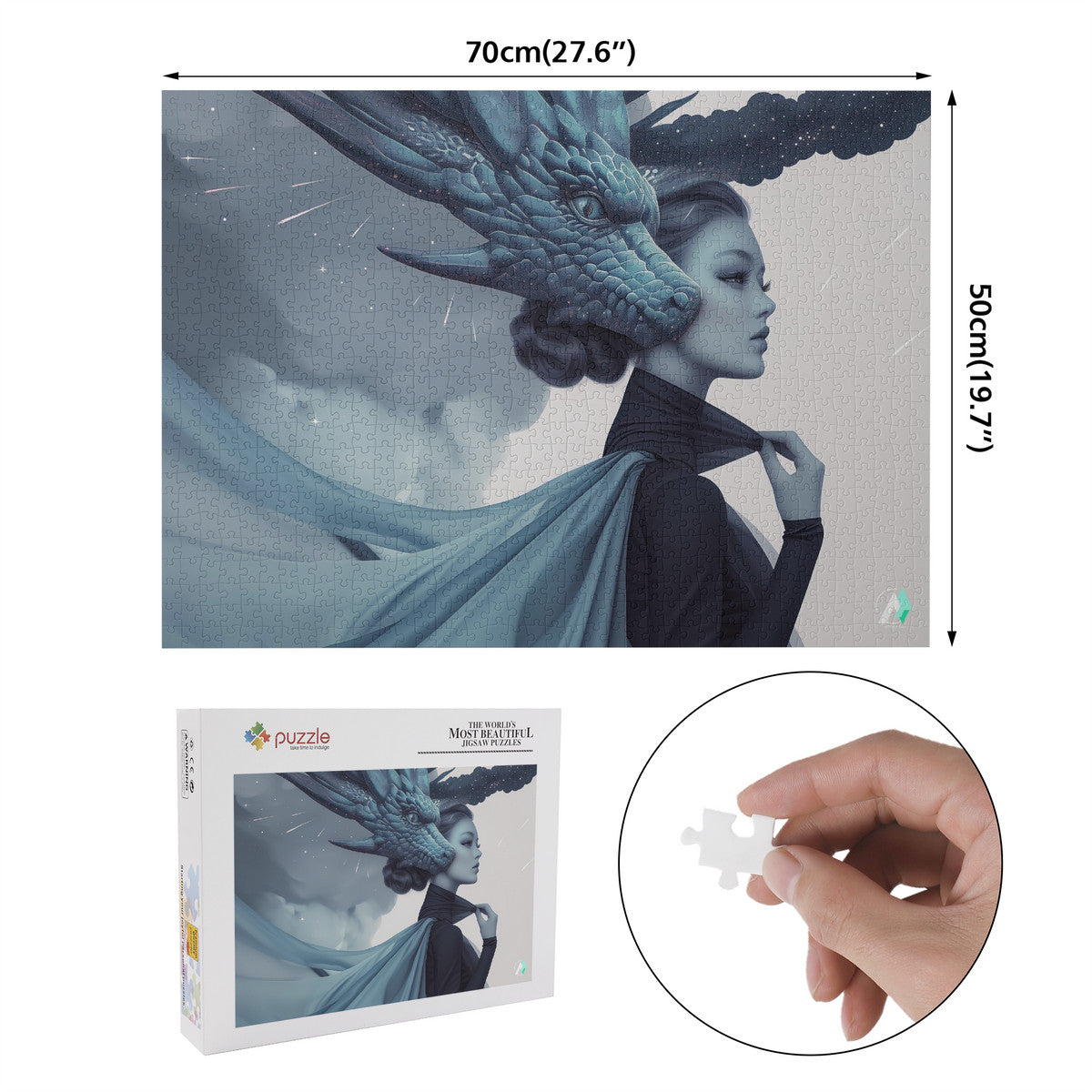 Wyvern Wyre IV Puzzle featuring a woman with a dragon head, available in 500 or 1000 pieces, crafted from premium ivory cardboard.