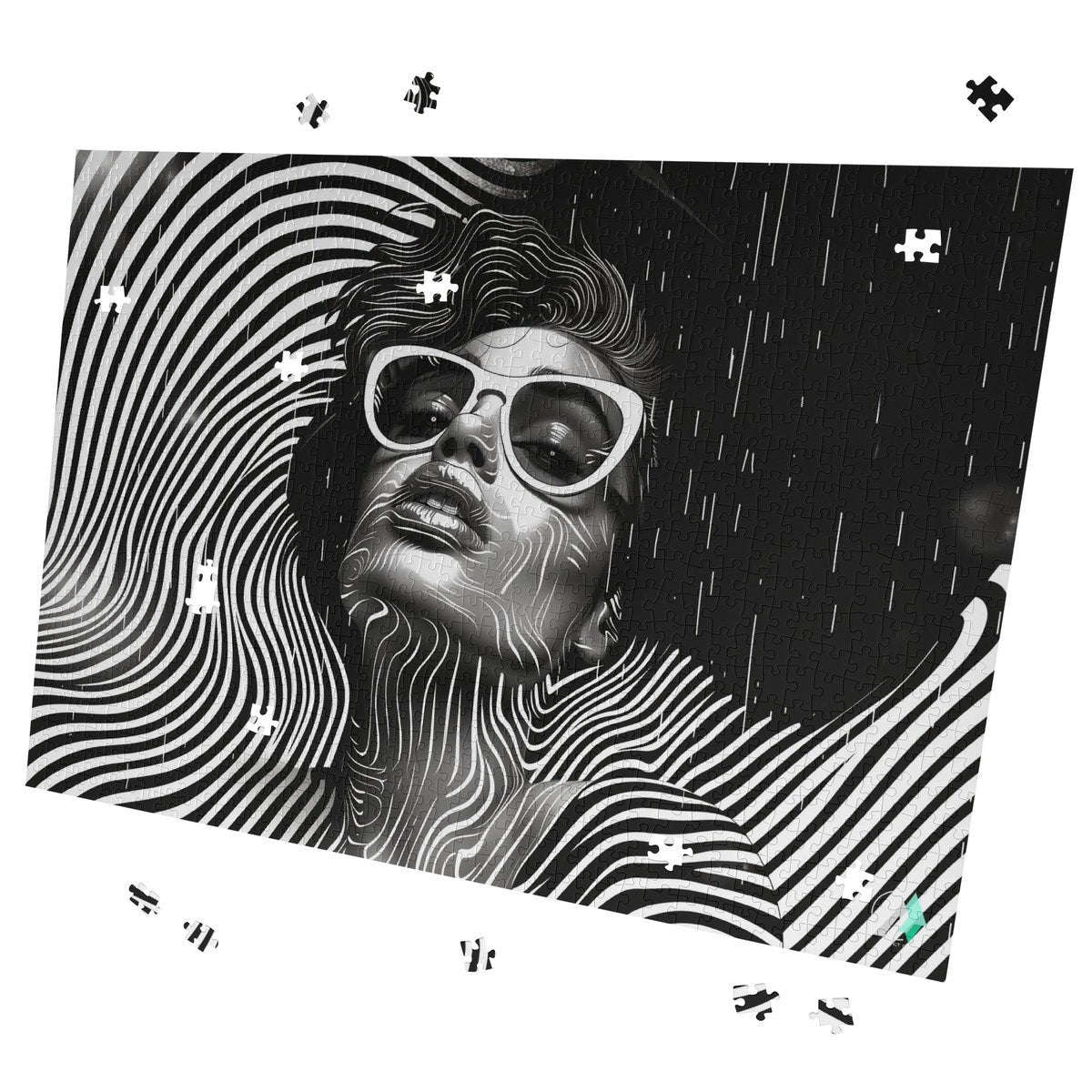 Fashion Trip I puzzle showcasing a woman's face with sunglasses, featuring hand-picked artwork by artist @shinjoku13 on premium ivory cardboard. Available in 500 and 1000 pieces.