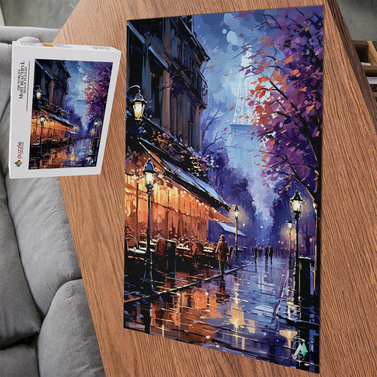 Paris in Lavender I Puzzle featuring a rainy street scene with people, tables, and vibrant artwork. Available in 500 and 1000 pieces, made from premium ivory cardboard.