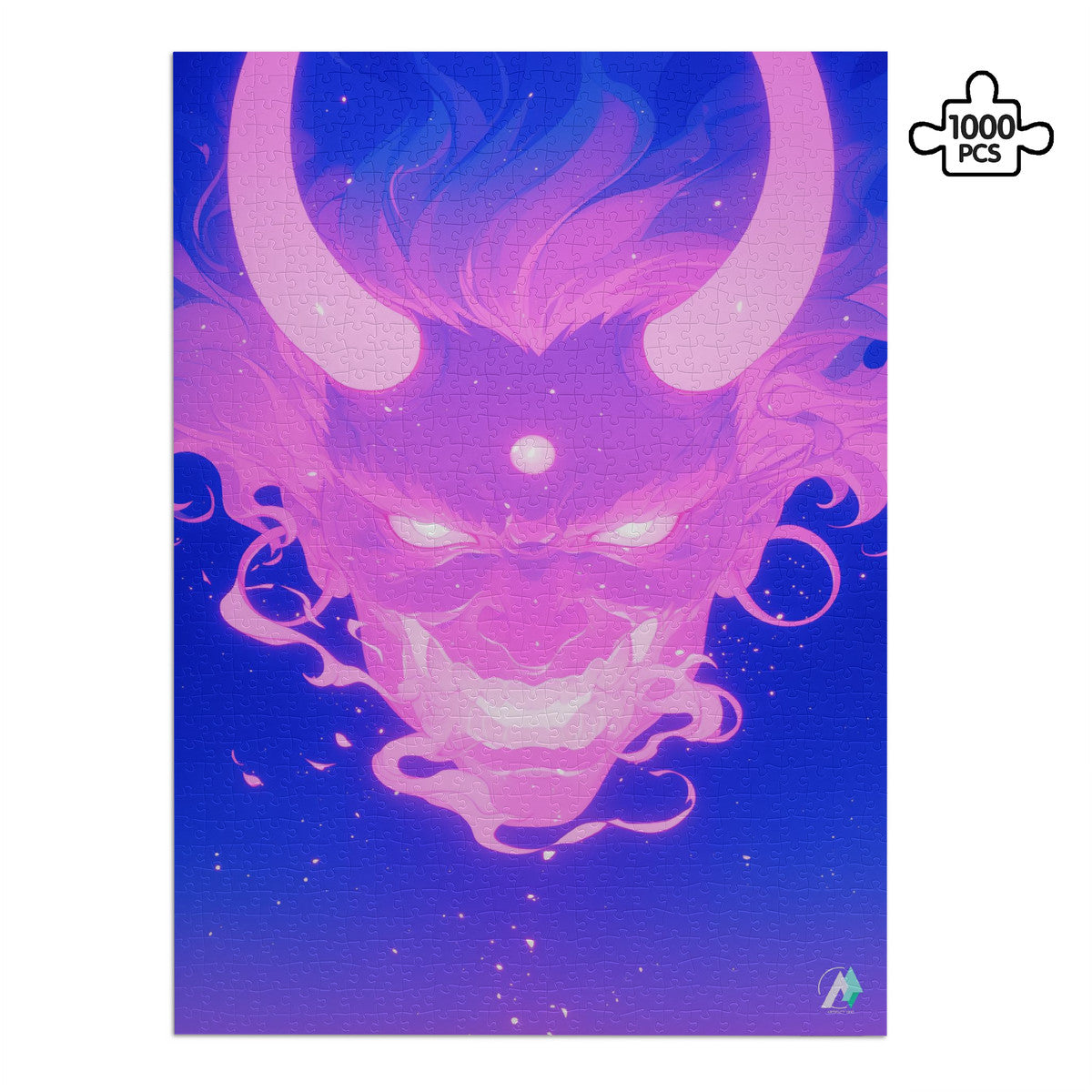 Oni Spirit Mask III Puzzle featuring a demon face with horns, available in 500 and 1000 pieces, crafted from premium ivory cardboard.