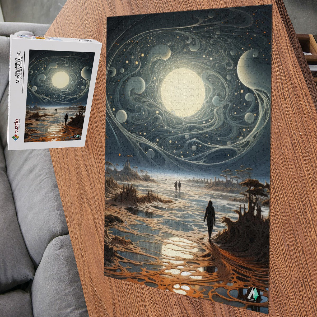 Celestial Portal I Puzzle: A person walks on an alien landscape on a moon with planets in a space scene. Available in 500 or 1000 pieces, featuring premium cardboard.