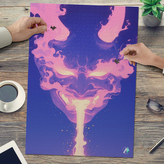 Oni Spirit Mask V Puzzle featuring an artistic face with pink smoke design, available in 500 and 1000 pieces, crafted from premium ivory cardboard.
