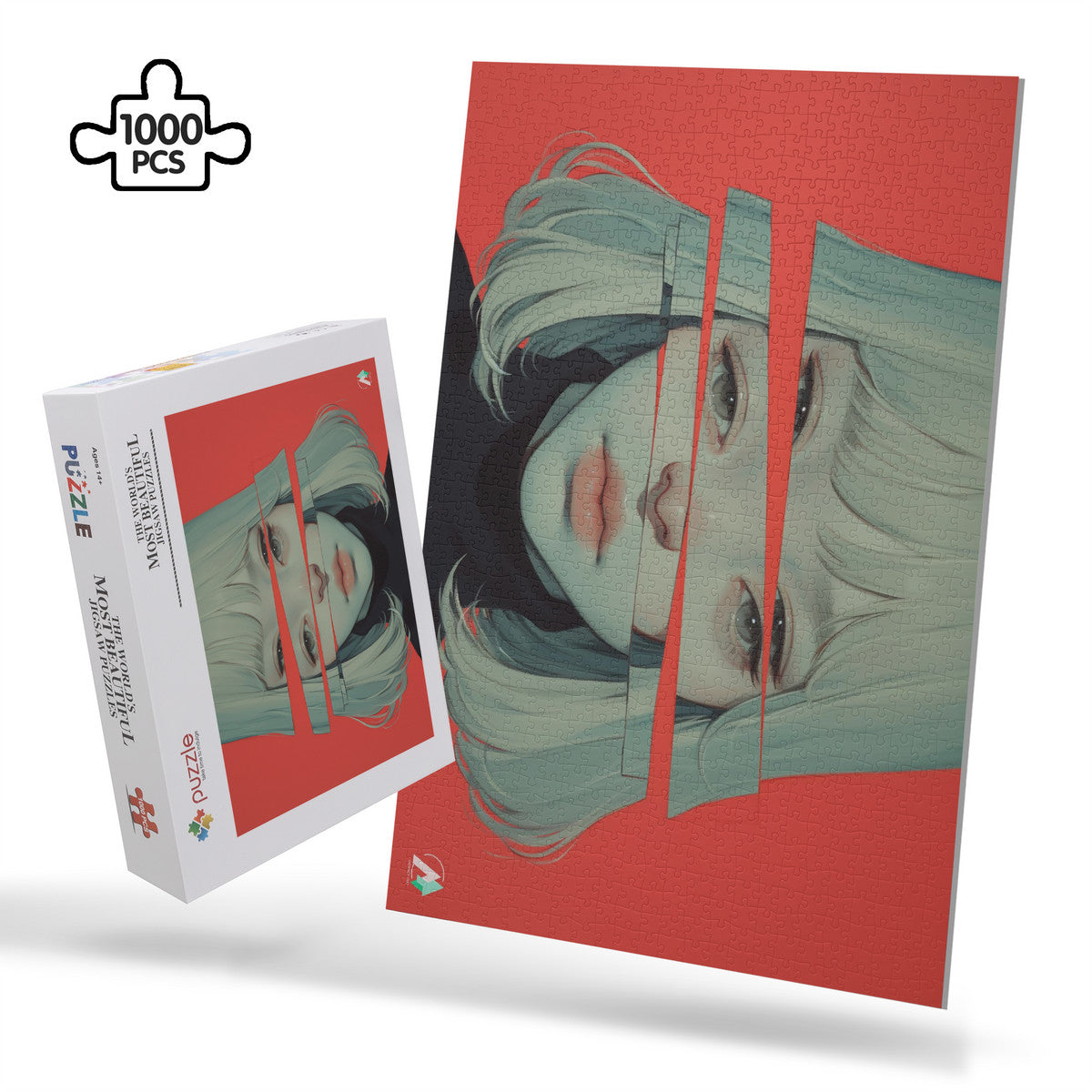 Surreal Feminine III Puzzle featuring a girl's illustrated face by artist @shinjoku13, available in 500 or 1000 pieces, made of premium ivory cardboard.