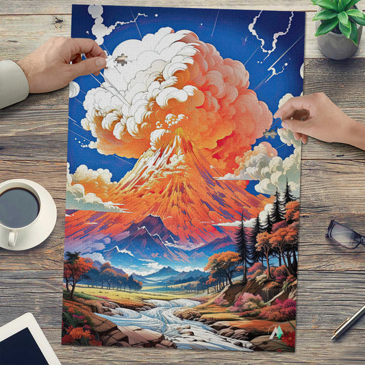 Summit Eruption Puzzle featuring a volcano scene, crafted from premium ivory cardboard. Available in 500 and 1000 pieces, showcasing artwork by @iguana_nick.