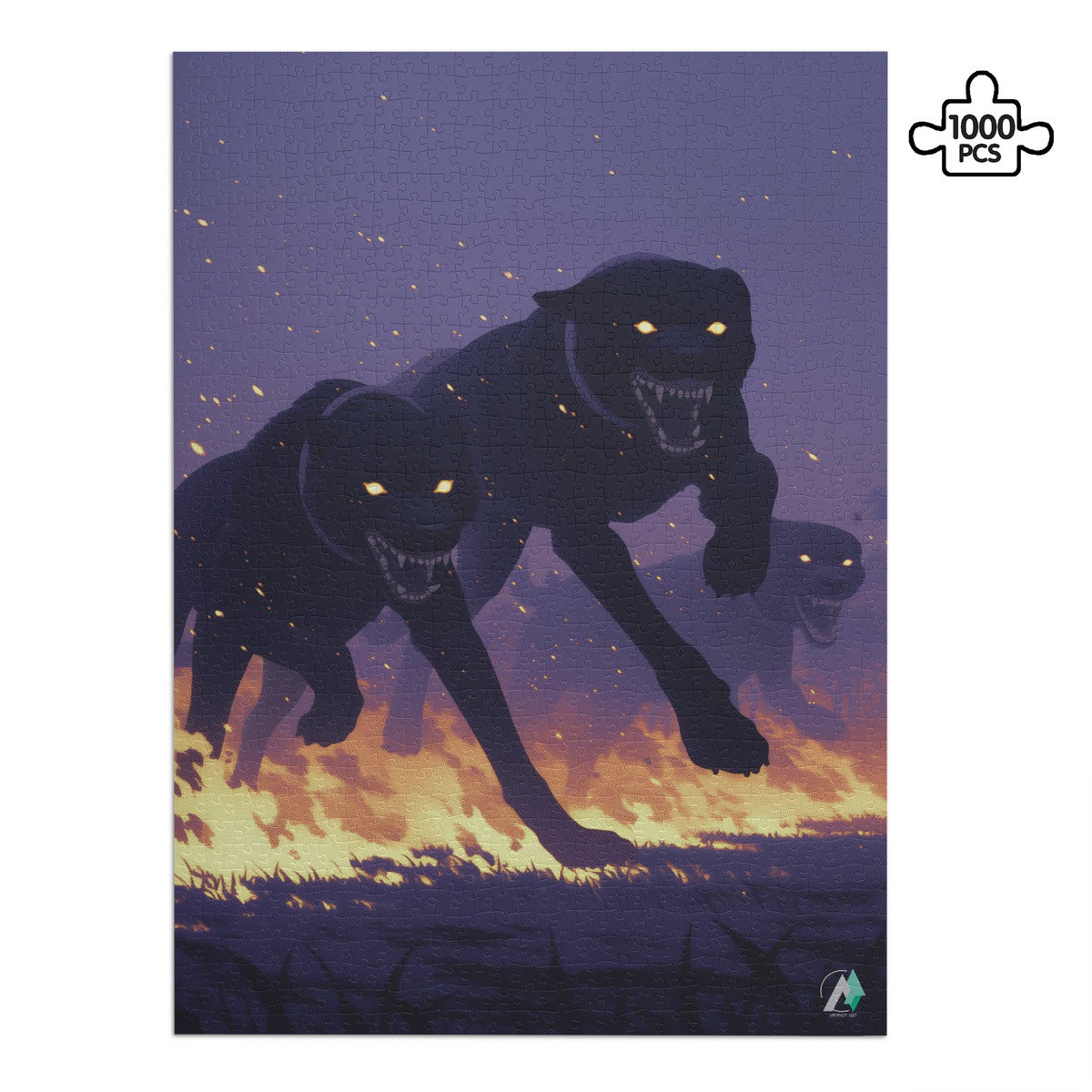 Hounds Unleashed III Puzzle featuring black dogs running, available in 500 and 1000 pieces, crafted from premium ivory cardboard with satin finish.