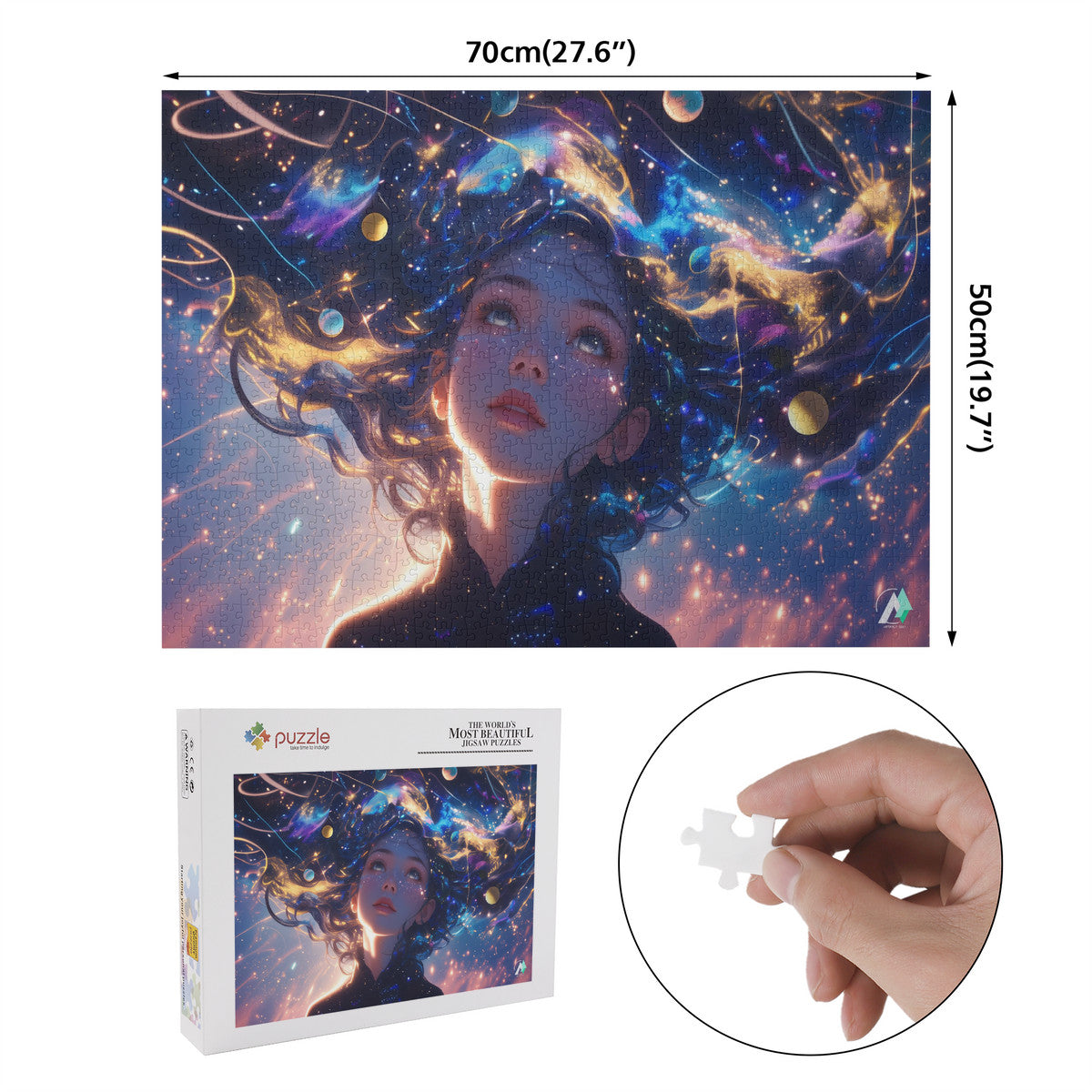 Cosmic Serenity II Puzzle features a colorful-haired girl in a fantastical scene, available in 500 or 1000 pieces, crafted on premium ivory cardboard.