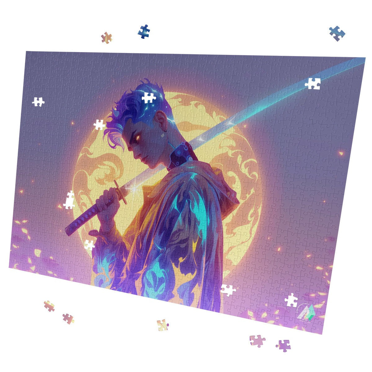 Cy Ber Ne Tic II Puzzle featuring a man with blue hair holding a sword, available in 500 or 1000 pieces, made from premium ivory cardboard.