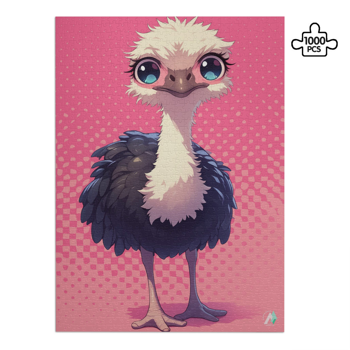 Chibi Safari Ostrich Puzzle: A cartoon ostrich puzzle, available in 500 or 1000 pieces, crafted from premium ivory cardboard with a satin finish.