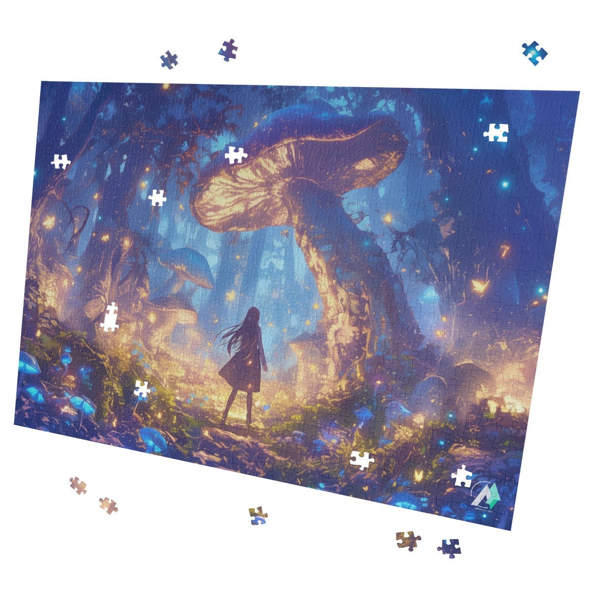 Forest of Magic VI Puzzle: A girl with long hair stands among mushrooms in a forest. Available in 500 and 1000 pieces from artist @shinjoku13.