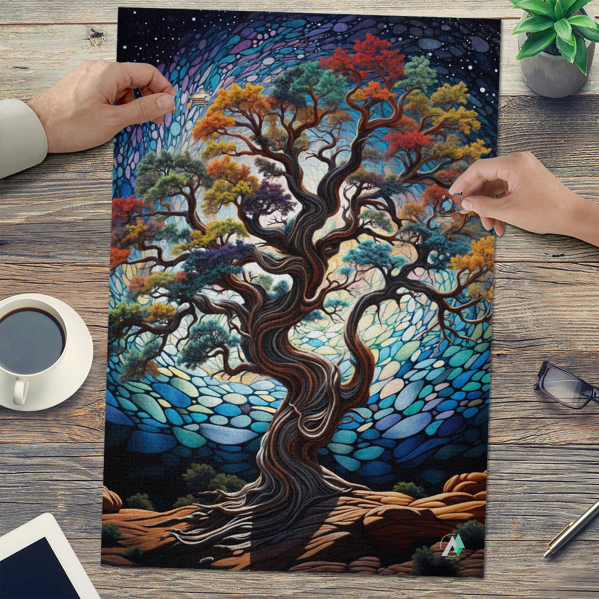Ancient Bristlecone Puzzle, featuring a vibrant tree artwork by @aihabit, available in 500 and 1000 pieces, crafted from premium ivory cardboard.