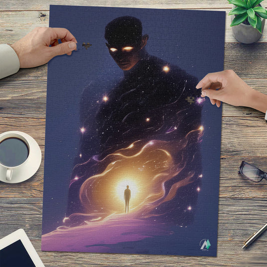 Anomaly III Puzzle: Jigsaw depicting a mystical man with glowing eyes in the sky, available in 500 and 1000 pieces, crafted from premium ivory cardboard.