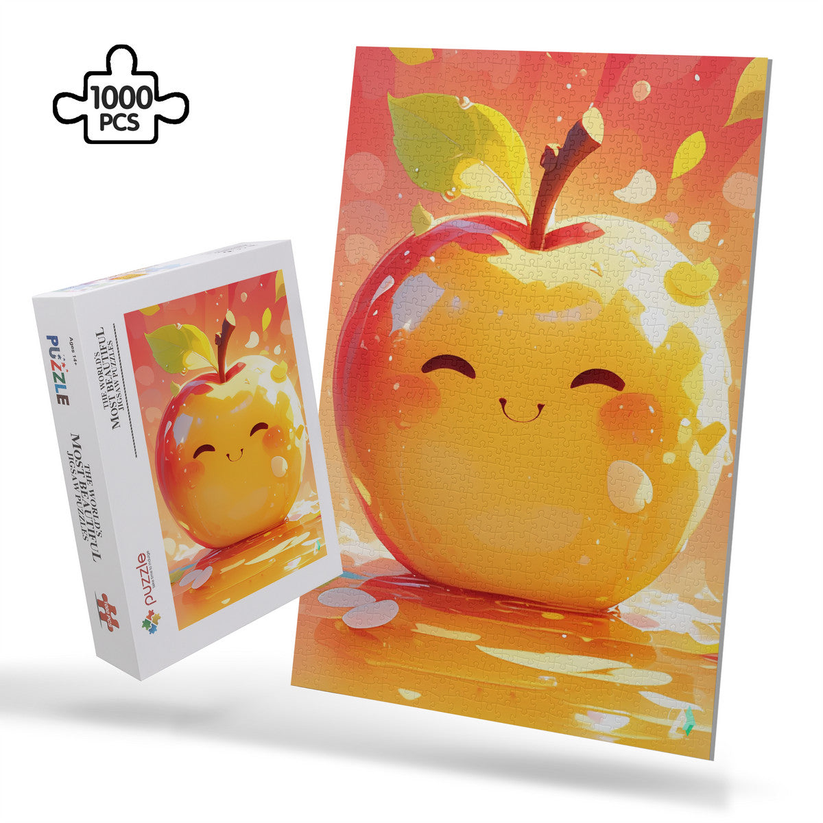 Chibi Apple Puzzle featuring a whimsical yellow apple design, available in 500 and 1000 pieces, made from premium ivory cardboard with satin finish.