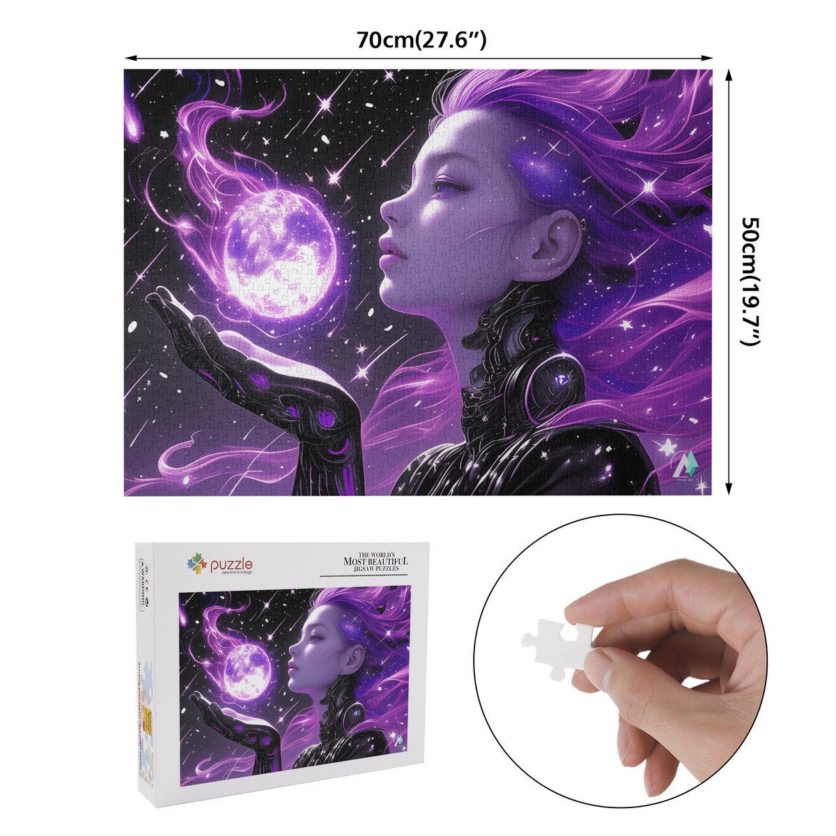 Android Celeste Puzzle: A woman with purple hair holding a glowing moon, crafted on premium ivory cardboard. Available in 500 or 1000 pieces.