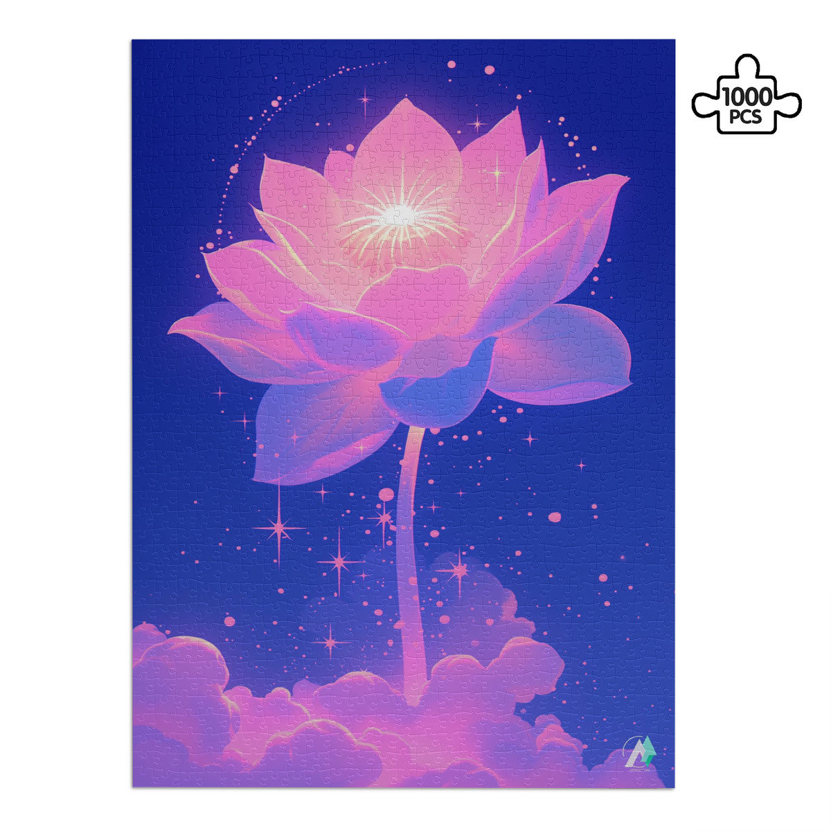 Celestial Bloom II Puzzle, featuring a flower design with clouds, available in 500 or 1000 pieces, crafted from premium ivory cardboard.