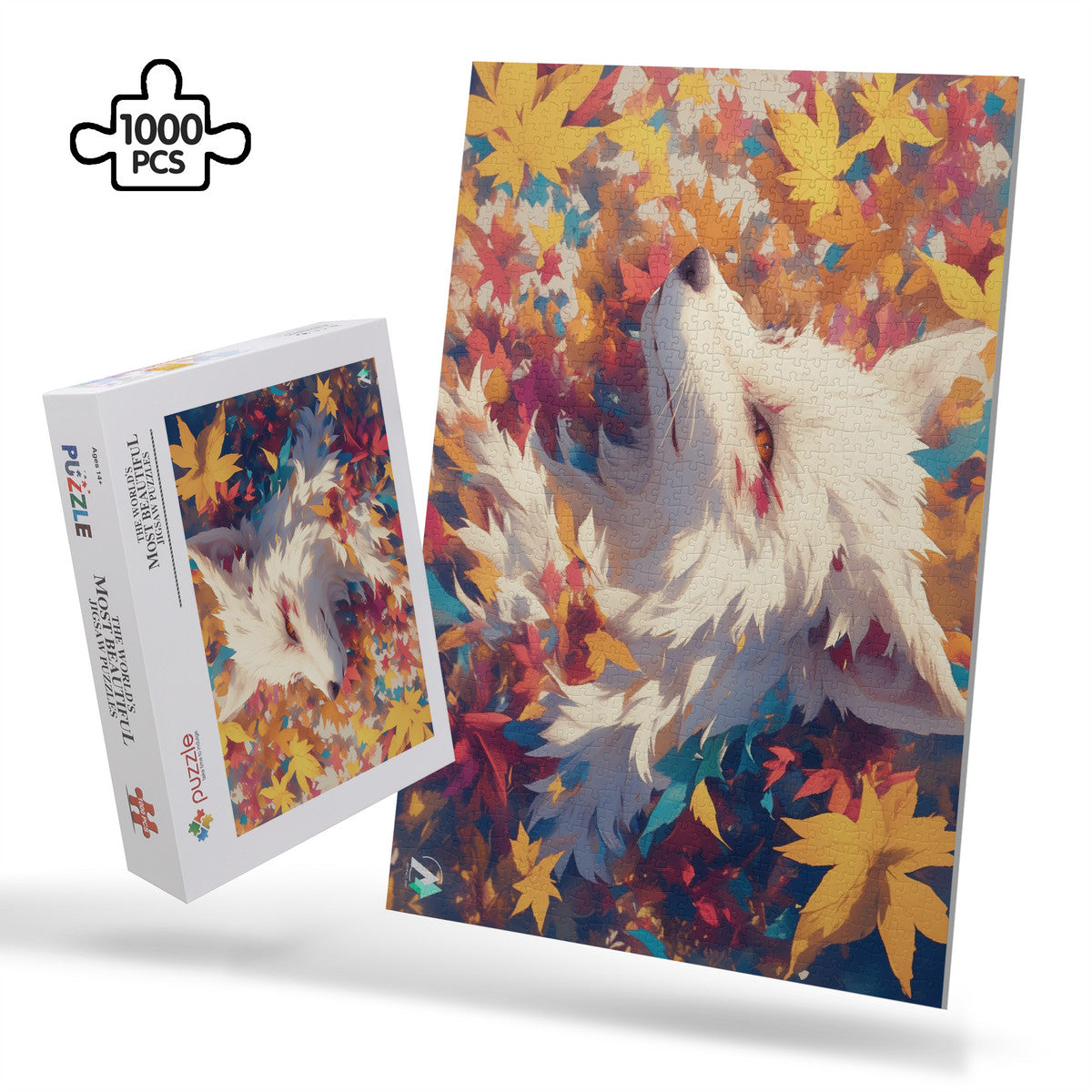 Fall'n for Foxes VI Puzzle features a white fox amidst leaves. Available in 500 or 1000 pieces, crafted from premium cardboard with a satin finish.
