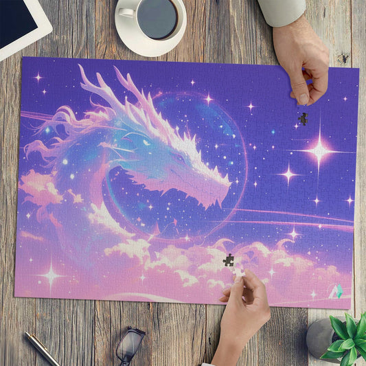 Empyreal Dragon Puzzle - A 500 or 1000-piece jigsaw featuring a dragon in the sky, crafted from premium ivory cardboard with a satin finish.